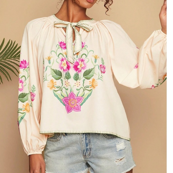 Boho Floral Print Neck Tie Long Sleeve Oversized Blouse - Picture 4 of 6